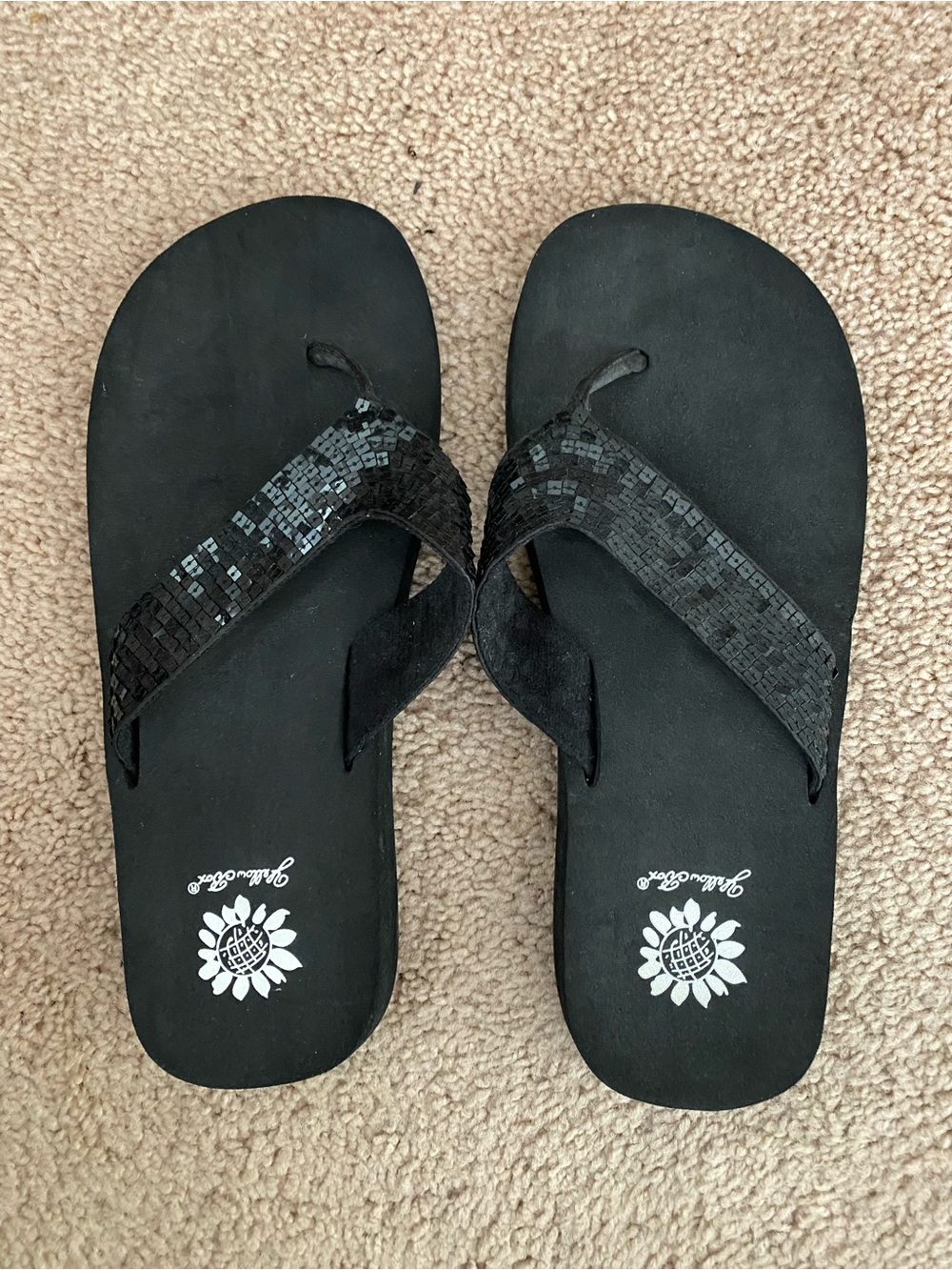 Yellow Box Black Sequin Flip Flops